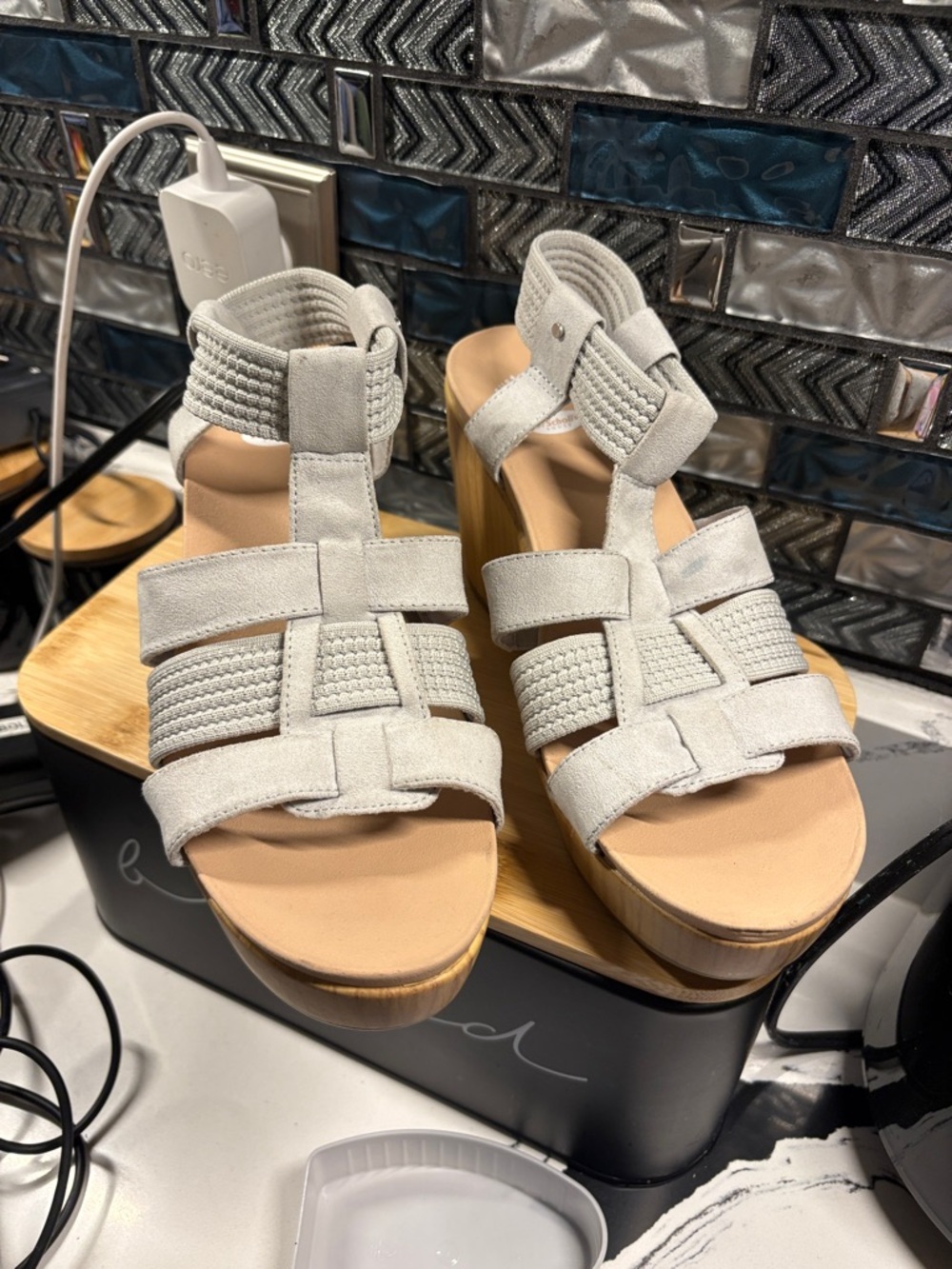 Womens Gray Strappy Platform Sandals